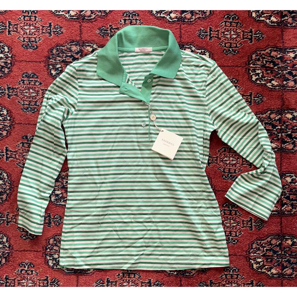 MARBAS NWT Made in Italy‎ Women's S Green Stripe 3/4 Sleeve Polo Shirt